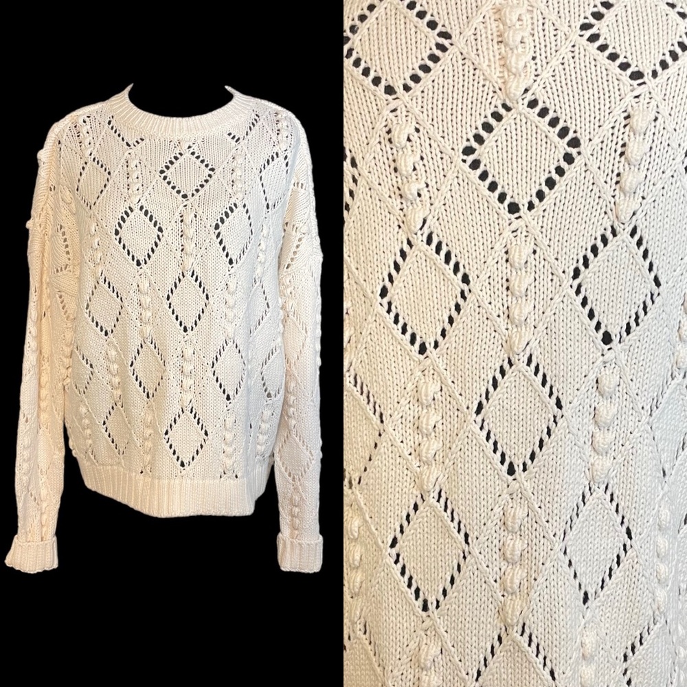 Loft M Cotton Blend White Bobble Knit Pullover Drop Shoulder Sweater 140923
